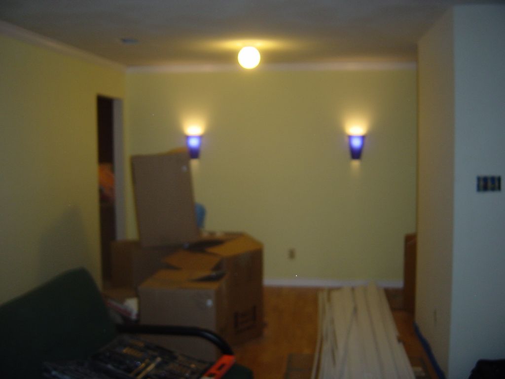 
New wall lights in place, Crown and base molding up
