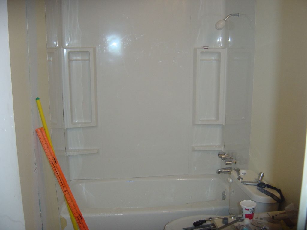 
The shower surround and the toilet, installed.
