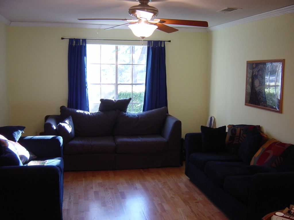 

The front living room, after putting up curtains and a new ceiling fan.

